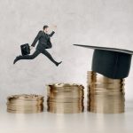 Side_view_of_young_businessman_running_on_abstract_golden_coins_with_mortarboard_on_concrete_background._Graduation,_knowledge_and_success_concept._3D_Rendering_