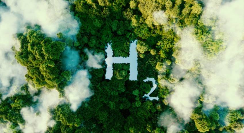 Ein Konzept, das metaphorisch Wasserstoff als ökologische Energiequelle in Form eines Teiches inmitten eines unberührten Dschungels darstellt