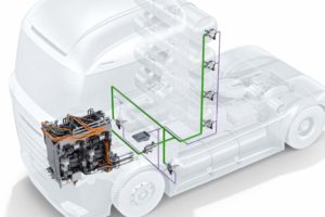 Bosch Hydrogen: Ein Wasserstoff-Truck mit herausgestelltem Druckregler und Tankventil